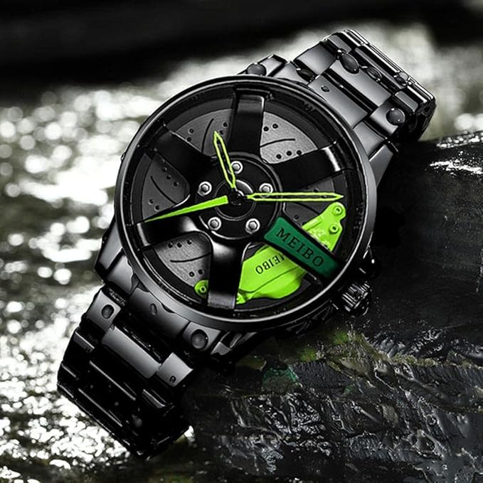 Montre en forme de disque de frein avec cadran vert