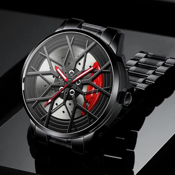 Montre en forme de disque de frein avec un cadran noir